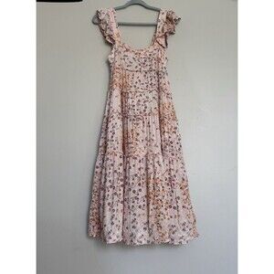 Boutique Karlie Pink Floral Midi Dress Ruffle Sleeve Button Front Size Large